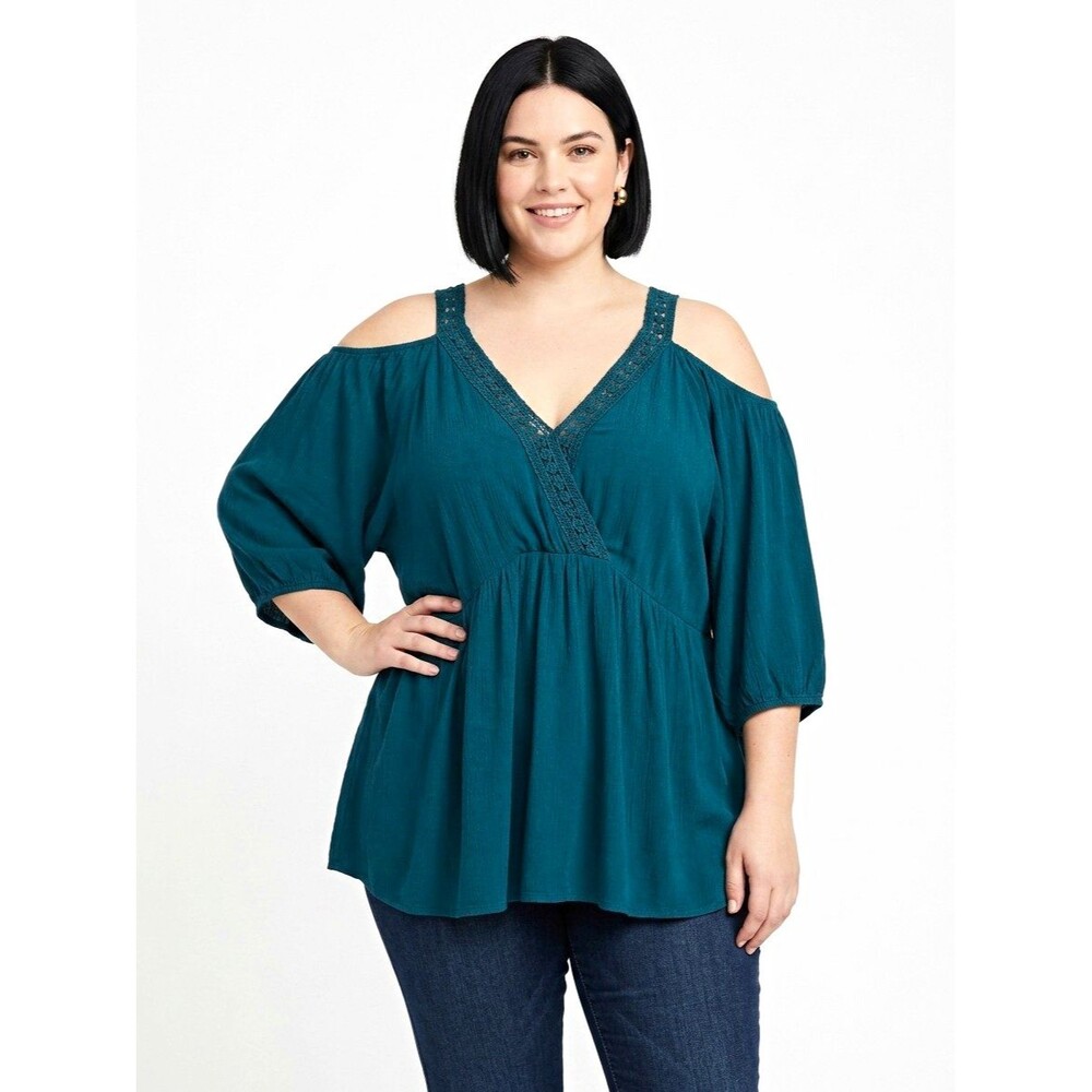 Torrid Womens Top 4X Teal Blue Peasant Cold Shoulder V-Neck Lace Trim Boho